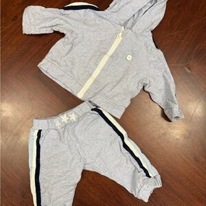 Light Heather Gray Hooded Kids Matching Set with Navy & Light Blue Stripes